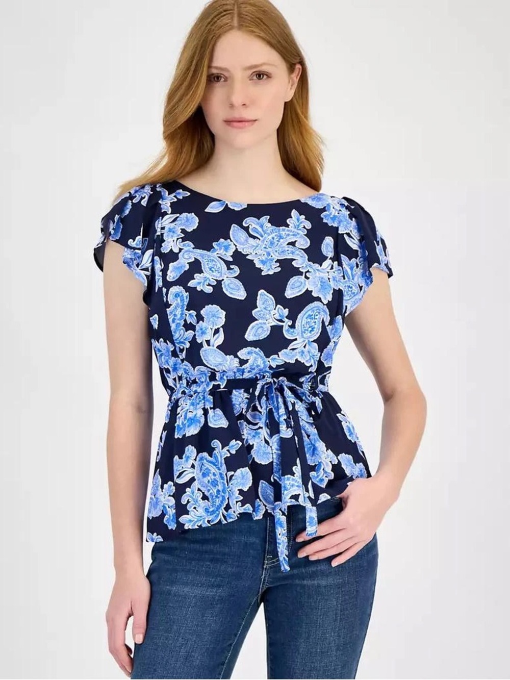 Tommy Hilfiger Navy Blue Floral Tie-Waist Peplum Blouse